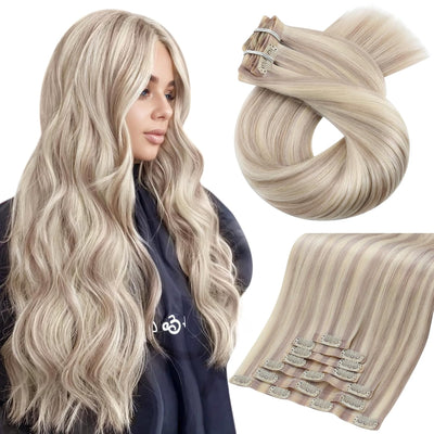 Seamless Clip in Hair Extensions for Wome Real Human Hair Blonde Highlight Remy PU Weft Human Hair Clip in Extensions Bleach Blonde with Cool Ash Blonde with a Hint of Pink 7Pcs 120G 22Inch