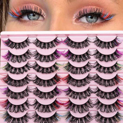 False Eyelashes with Color Fluffy Faux Mink Colored Lashes D Curl Strip Long Eye Lashes 14 Pairs Dramatic Lashes Volume Fake Eyelashes for Women and Girls