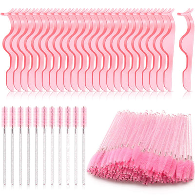 24 Pieces Plastic Eyelash Extension Tweezers Applicator Tool Auxiliary Clip and 100 Pieces Eyelash Brush Mascara Wands for Application(Pink)